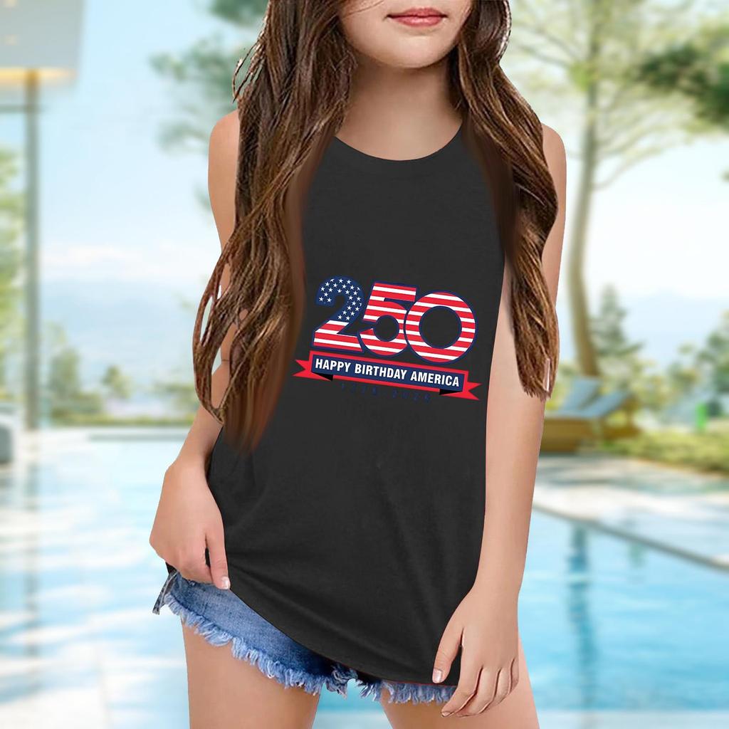 Girls  Kids Summer Crewneck Sleeveless Shirts Tank Tops Independence Day