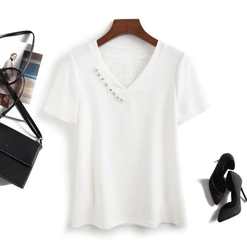 

T-shirt Women Versatile Summer Casual Large Size Loose V Neck Pullover Short-sleeved Tops XL
