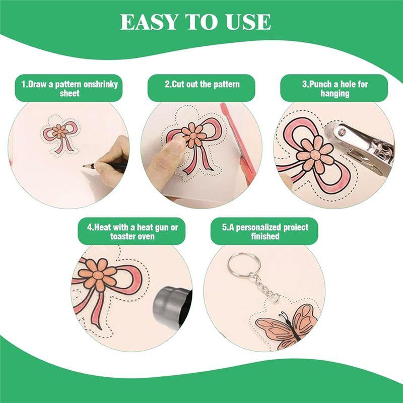 A84X-Shrink Plastic Sheet Kit W Blank Sheets Shrinky Art Paper, Colored Pencils, Keychains, Earring Hooks,For Crafting