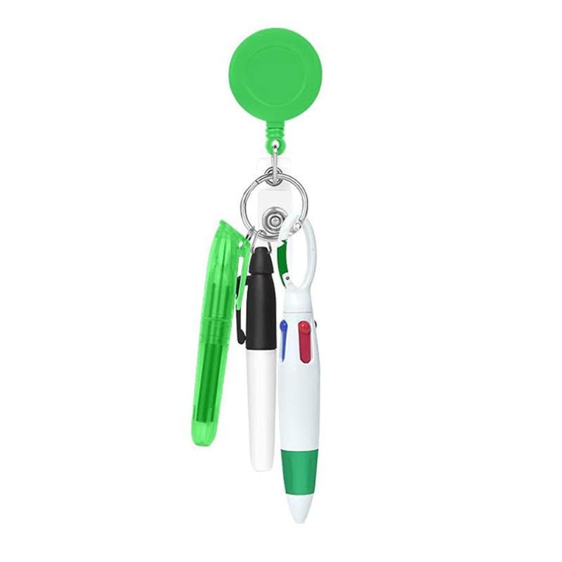 Retractable Badge Reel Pen Set with Highlighter 3-in-1 Ballpoint Pen Portable Multifunctional Stationery for Nurses Office Workers