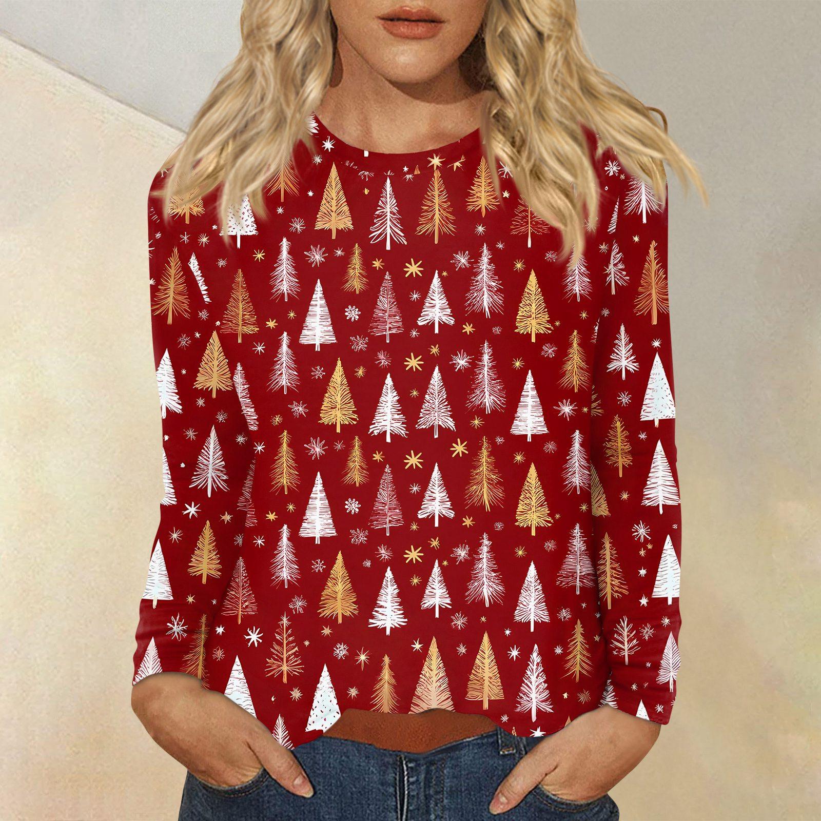 

Женская мода повседневный рождественский принт круглый вырез длинный рукав пуловер топ S
