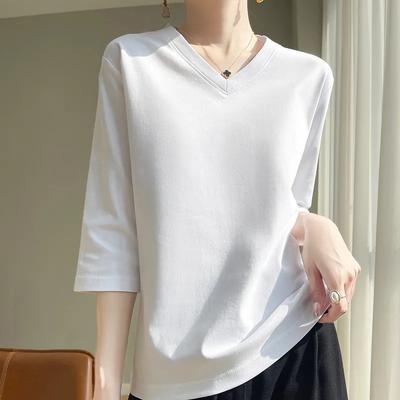 Dames Zomer V-hals Zevenkwart Mouw Effen Kleur Los T-shirt Mooie Pendel Tops