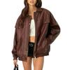 2026 Autumn Winter New Women's Faux Leather Jacket Loose Long Sleeve Lapel Vintage Motorcycle Coat