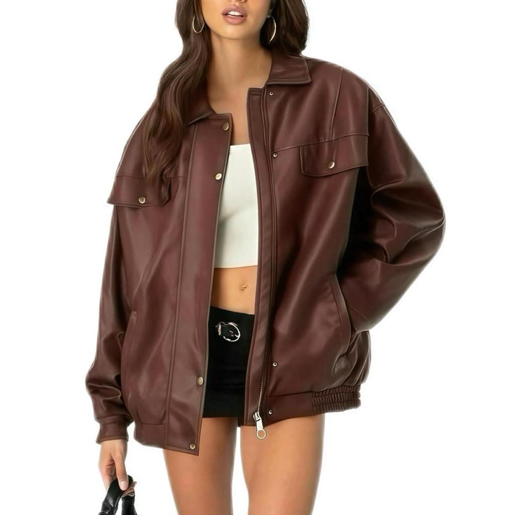 2026 Autumn Winter New Women's Faux Leather Jacket Loose Long Sleeve Lapel Vintage Motorcycle Coat