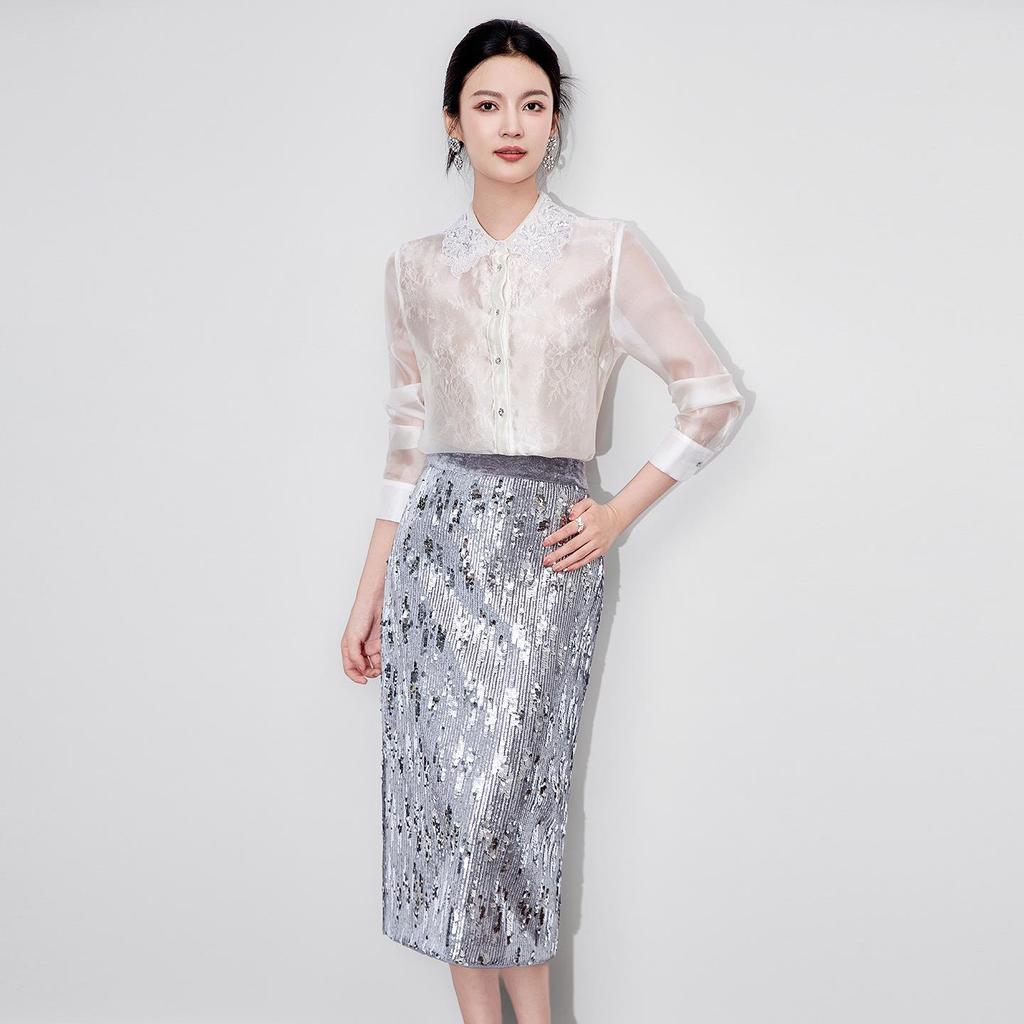 Dazzling Silver Sequin High-Waist Midi Skirt for Women - Autumn Fashion
