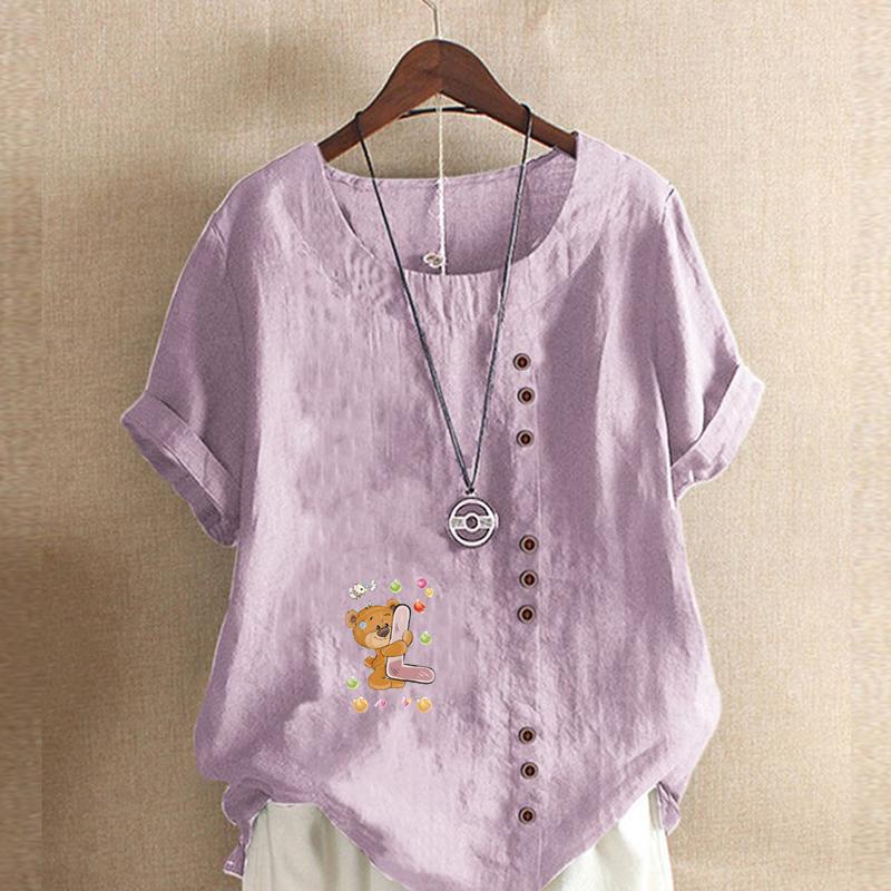 Women's Fashion Bear Hugging L Prined Round Neck Short Sleeve T-shirt Casual Cotton Linen Graphic Shirt Leisure Loose Summer Blouse Tops