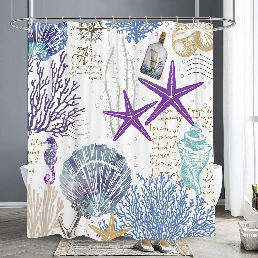 Nautical Starfish Seashell Coral Shower Curtain Ocean Themed Shower Curtains For Bathroom Polyester Fabric Coastal Bath Curtains