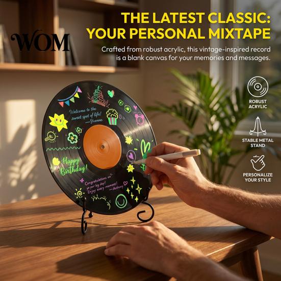 Desktop Display Stands Vinyl Record DIY Graffiti Clock Ornament, Blank Acrylic Retro Tabletop Wall Reusable Drawing Surface Decor with Stand,