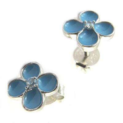 [N6259] - Blue 'Flora' Silver Earrings (rhodium-plated) - 7x7 Mm