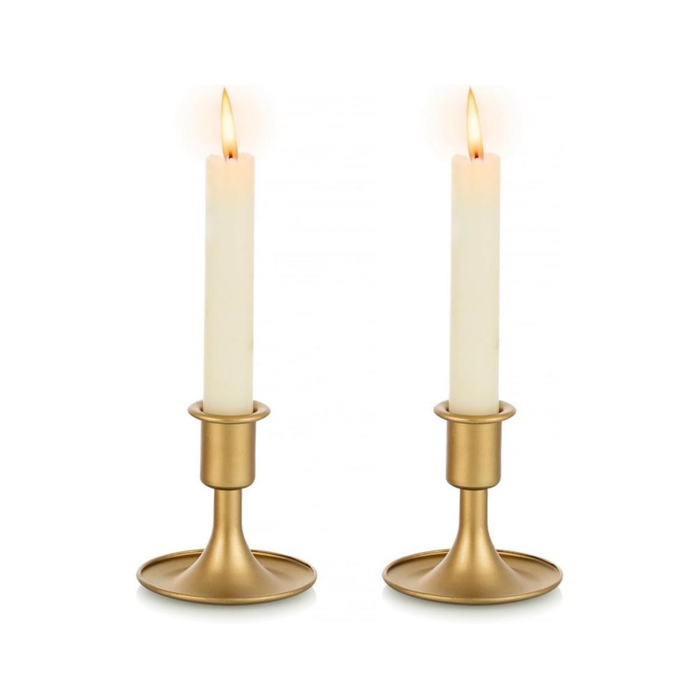 2PCS Gold Taper Candle Holder Short Skinny Brass Candlestick Holders for Wedding Party Holiday Dinning Table Decor