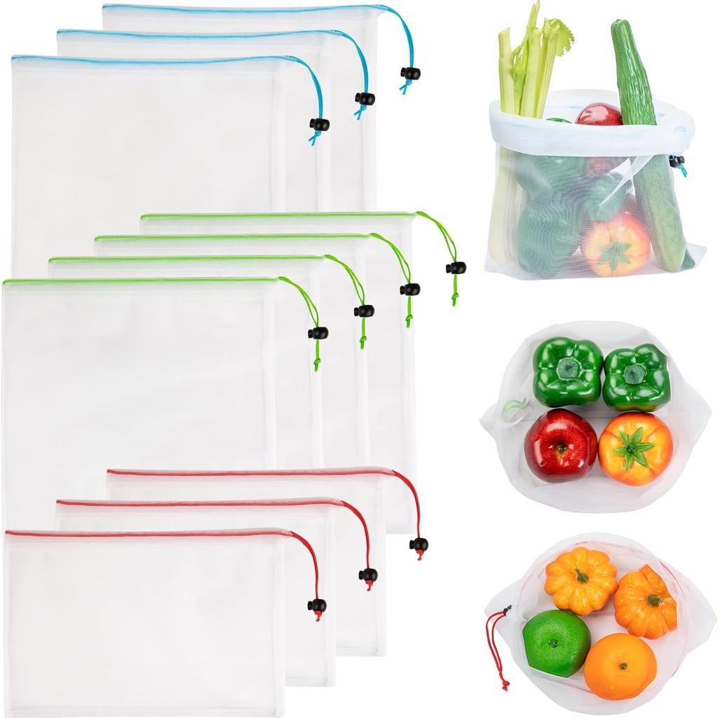 Opakovaně použitelné sáčky ze síťoviny – omyvatelné sáčky – 12 malých červených (8" x 12") Průhledné síťové sáčky pro skladování ovoce, zeleniny, hraček