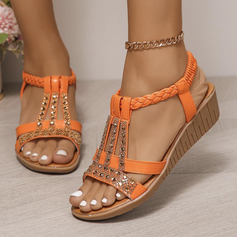 Women's Plus Size Peep Toe Wedge Sandals, Bohemian Elastic Strap Rhinestone Casual Daily Footwear