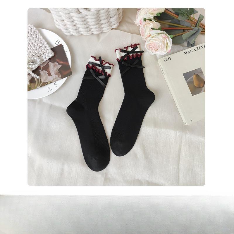 

Double-needle Ankela Red Women s Mid-calf Socks with A Loose Opening and Contrasting Color, Double Buttoned Bow, Stacked Socks 1 pair