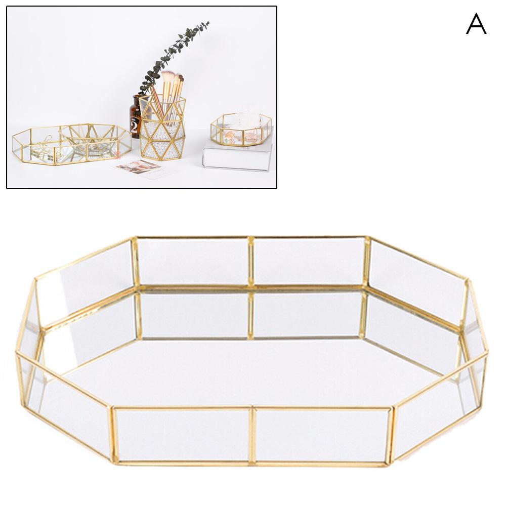 Retro Brass Storage Tray Glass Makeup Organizer Tray Dessert Snack Plate Jewelry Display Stand Home Kitchen Decor