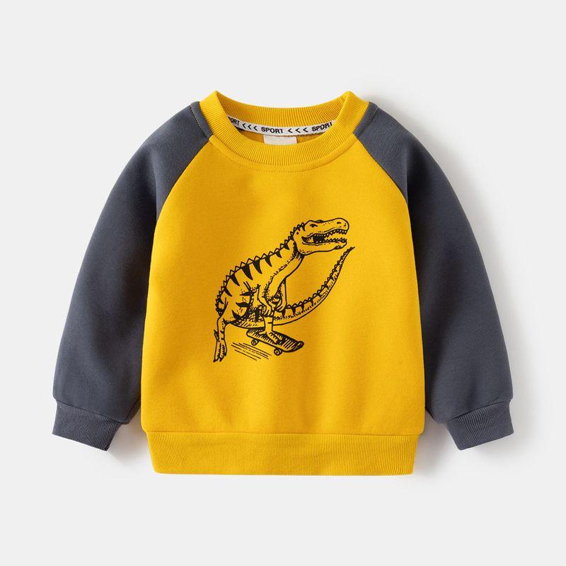 Boys  Fleece-Lined Sweater Autumn and Winter Children Single-Layer Fleece-Lined Long Sleeves Outwear Children Dinosaur Raglan Sleeve Pullover Tops Yellow 100