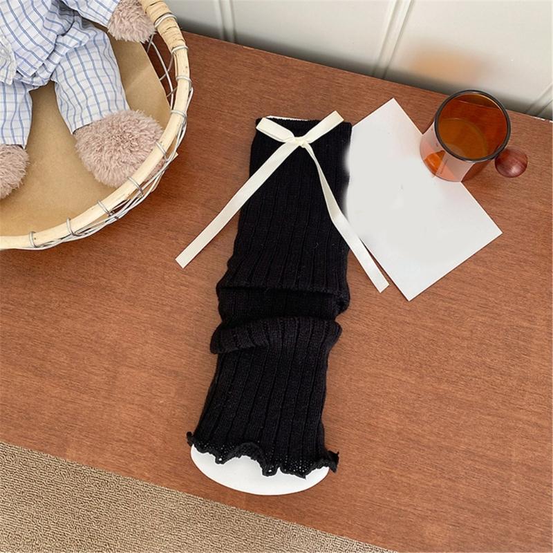 Women Sweet Bowknot Arm Leg Sleeves Ruffled Trim Sun Protective Ribbed Knit Arm Leg Covers Fingerless Gloves Accessories