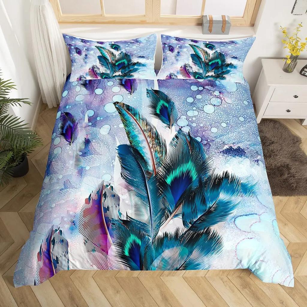 Peacock Feather Duvet Cover Set Full Queen Size Birds Feather Bedding Sets Chic Fantasy Peacock Feathers Comforter Cover 3 Pcs