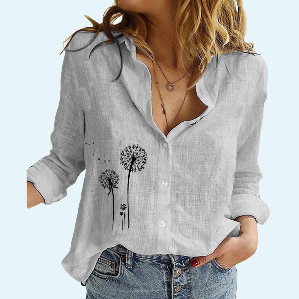 Women Fashion Floral Printed Blouses Female Lapel Neck Cotton Linen Top Casual Loose Buttoned Long Sleeve T-shirt