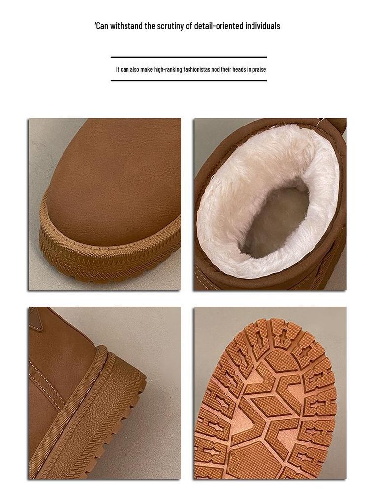 Women's 2025 Autumn/Winter Korean Fleece-Lined Leather and Fur Snow Boots with Thick Soles