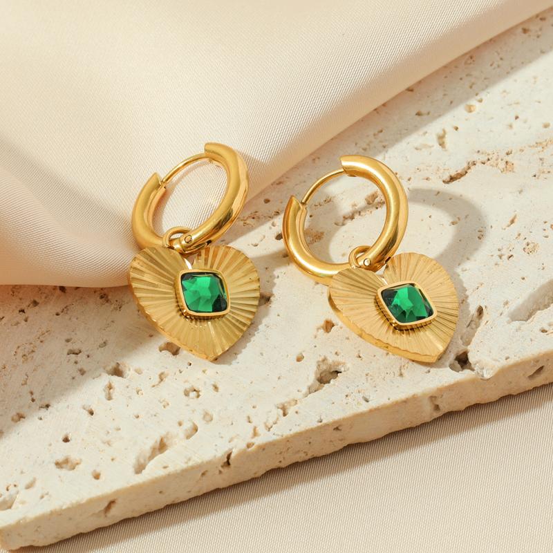 Stainless Steel Heart Love Green Crystal Pendant Necklace Earrings for Women Party Punk Jewelry Gift