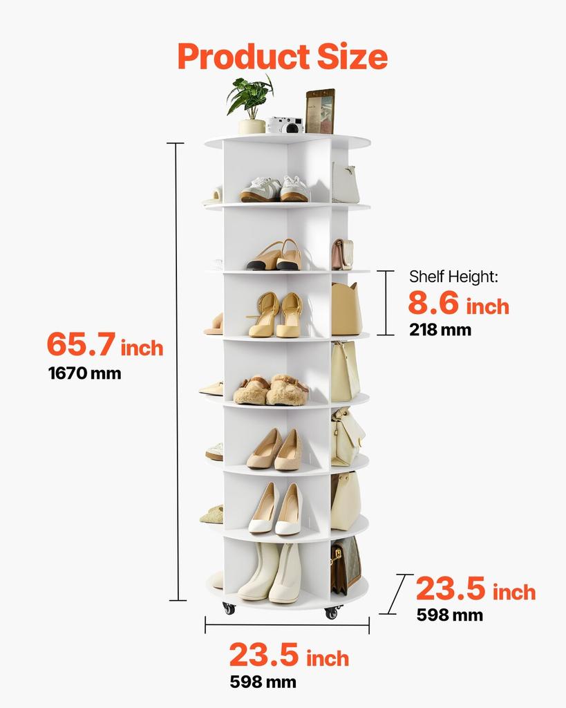 7 Tiers Rotating Shoe Rack Tower with Wheels, Movable 360° Spinning Carousel Display, Lazy Susan Organizer Closet Shelf for Living Room, Entryway,