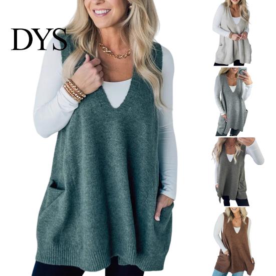Sand Line Texture Vest Women Sweater V-neck Sleeveless Pockets Mid-length Knitting Jumper Tops Solid Color Autumn Winter Casual Knitwear Season