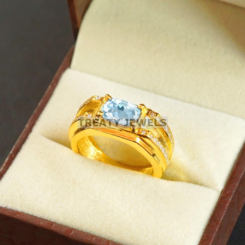 Aquamarine Oval Cut With 925 Sterling Silver Gold Plated Ring For Men's #A737 JL375659043641