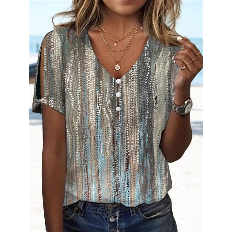 Women's Ethnic Style Short Sleeve Printed Top Cleanfit Loose Cotton Linen V-neck Citywalk Summer Fashion T-shirt