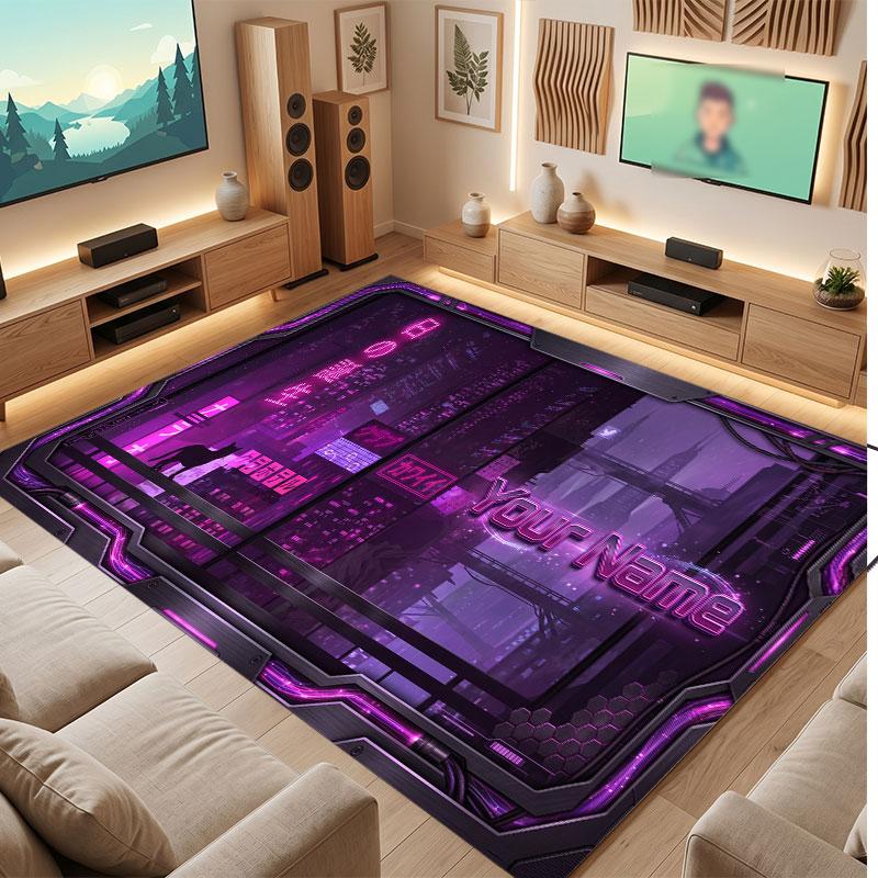 City Cyberpunk Theme Crystal Velvet Floor Rug Personalized Custom Name Text Warm Carpet Home Decoration