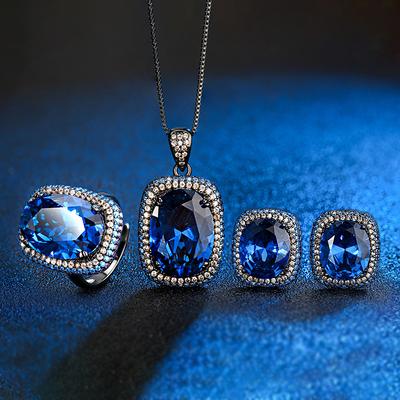 Jewelry Copper Bottom Gold-Plated Simulation Blue Spinel Black Gold High-End Set Women'S Stone 13 * 18
