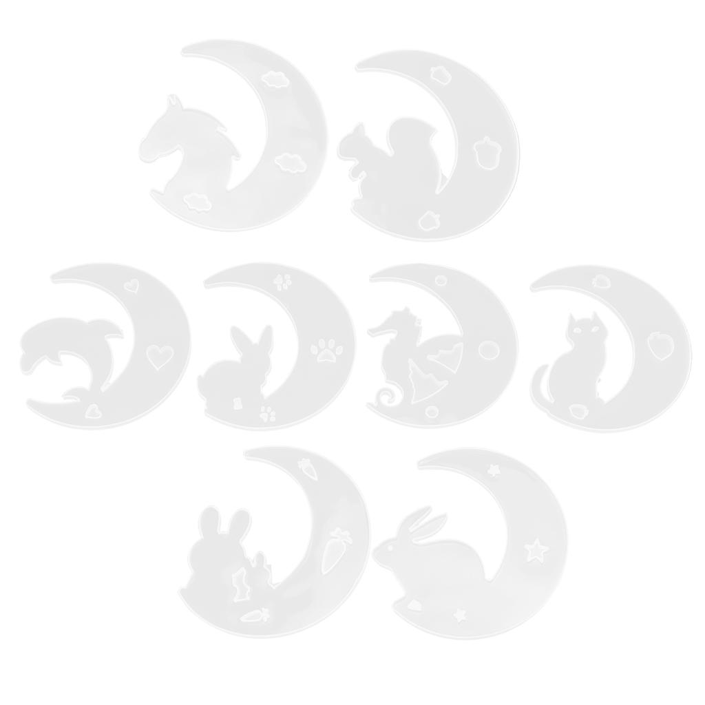 8Pcs Silicone Moon Mold Mirror DIY Epoxy Resin Casting Crystal Glue Fawn Cat Rabbit Dolphin