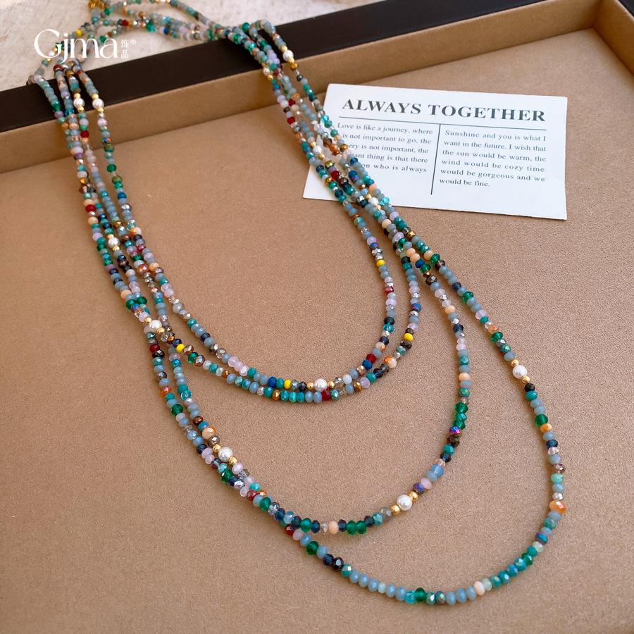 European and American retro multi-layer stacked glass beaded necklace accessories women's sweater chain light luxury necklace accessories women