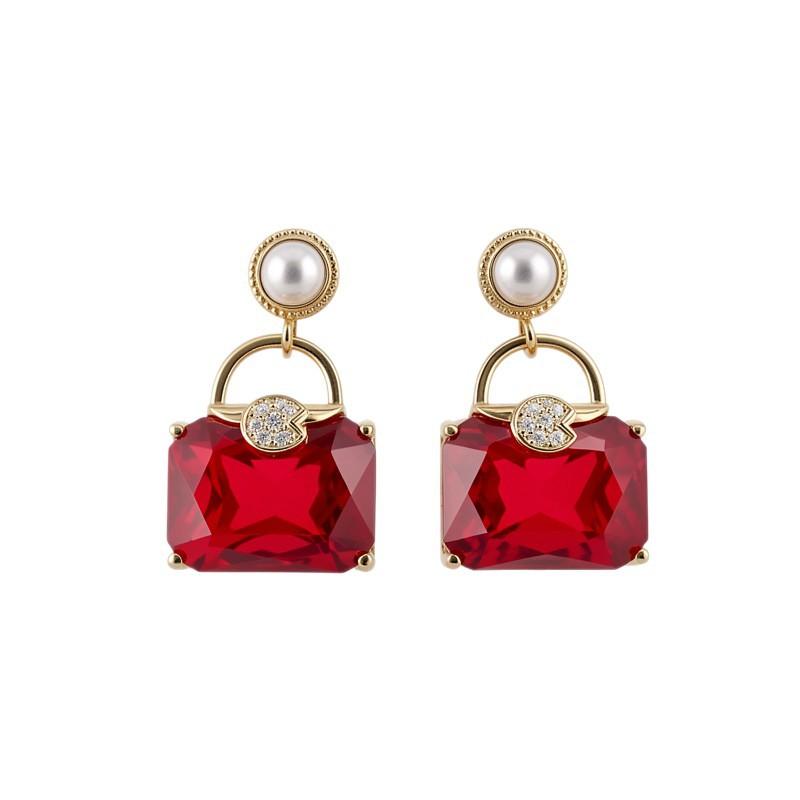 Crimson Pouch Square Pendant Earrings, Retro Fashion Earrings, Light Luxury and Noble Earrings