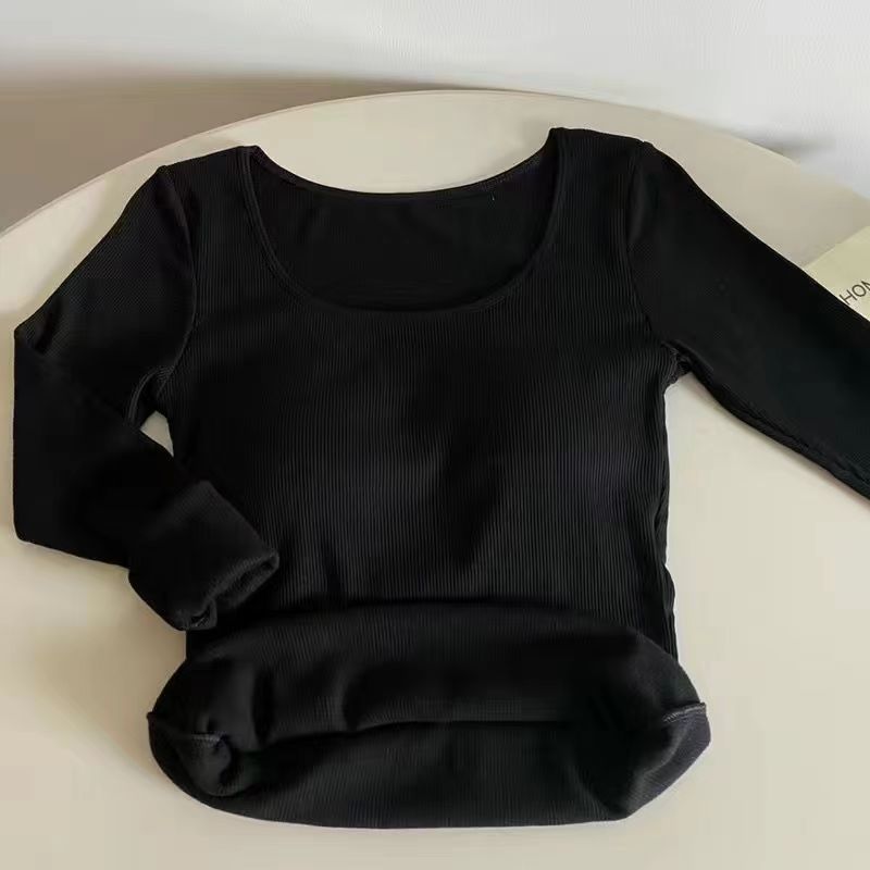 

Теплая шерстяная утолщенная футболка с квадратным воротником и длинными рукавами на ключице, женская, новая осенне-зимняя, утягивающая внутри, с базовым верхом One size