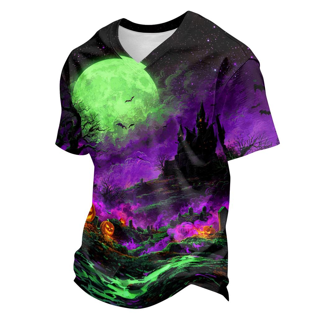 Men's Casual Lightweight Breathable Short Sleeve V Neck Shirt Halloween Print Handprint Pattern Comfortable Fit