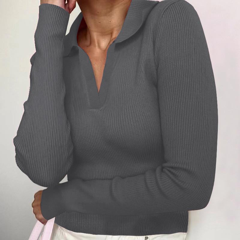 Elegant Long Sleeve Polo Shirt For Women With Pure Cotton Stripes And Slim Fit Design
