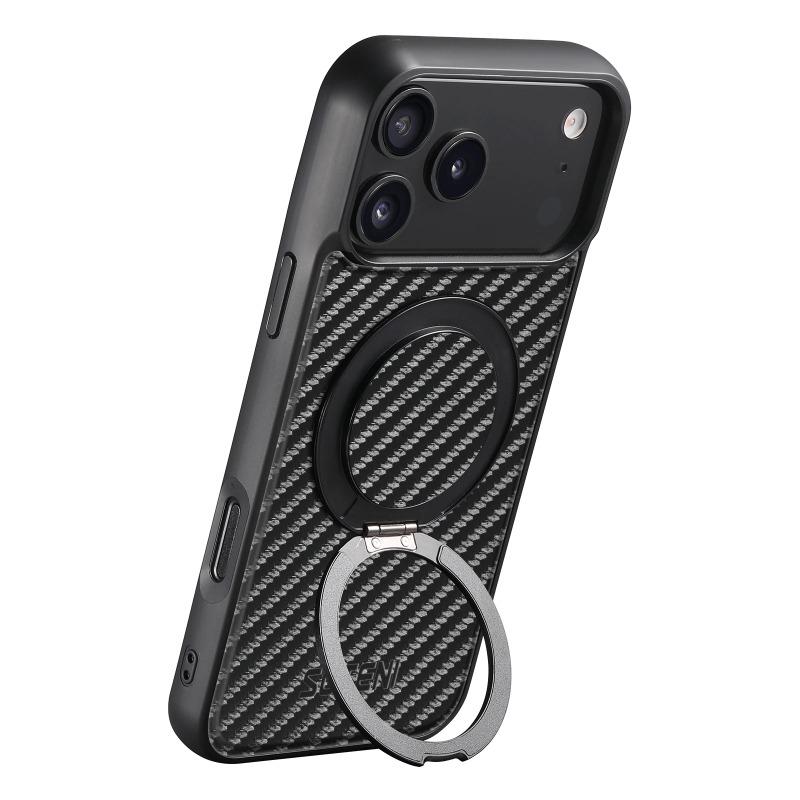 360 Rotating Bracket Carbon Fiber Leather Case For iPhone 17 Air 17Pro Max 16 Plus 15 14 Pro Magnet Wireless Charging Cover