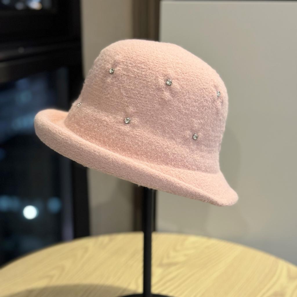 Winter New Style Curled Handmade Rhinestone Decorated Woolen Hat Japanese Style Warm Fisherman Hat Ladies Elegant Basin Hat Trend