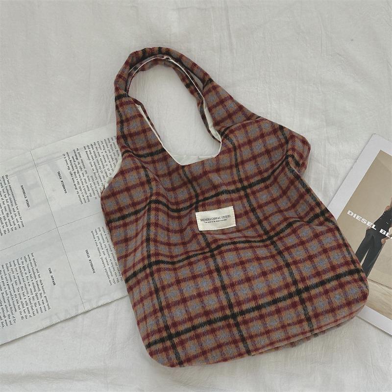 2 fashionable versatile woolen retro plaid shoulder cloth bag women's casual autumn and winter portable commuter vest bag
