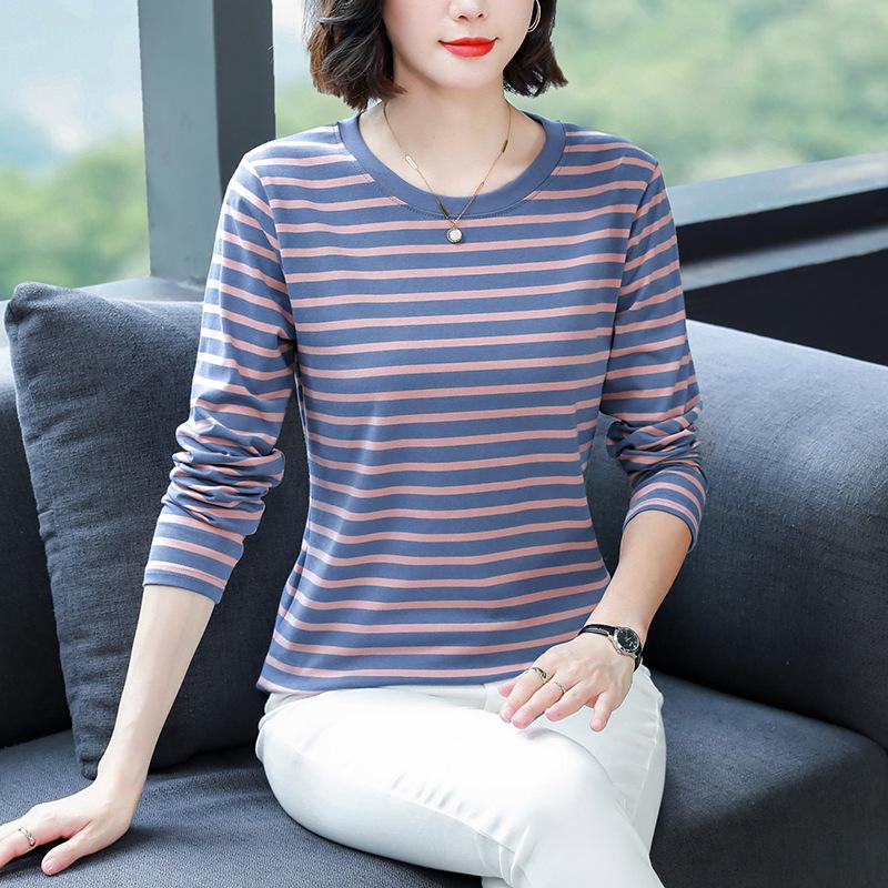Plus Size Loose-Fit Cotton Striped Long-Sleeve T-Shirt for Middle-Aged & Elderly Women