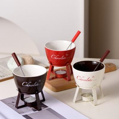 Ceramics Chocolate Fondue Mug Reusable Mini Heater Ice Cream Pot Fondue Cups with Forks Chocolate Melting Mug Valentine Gift