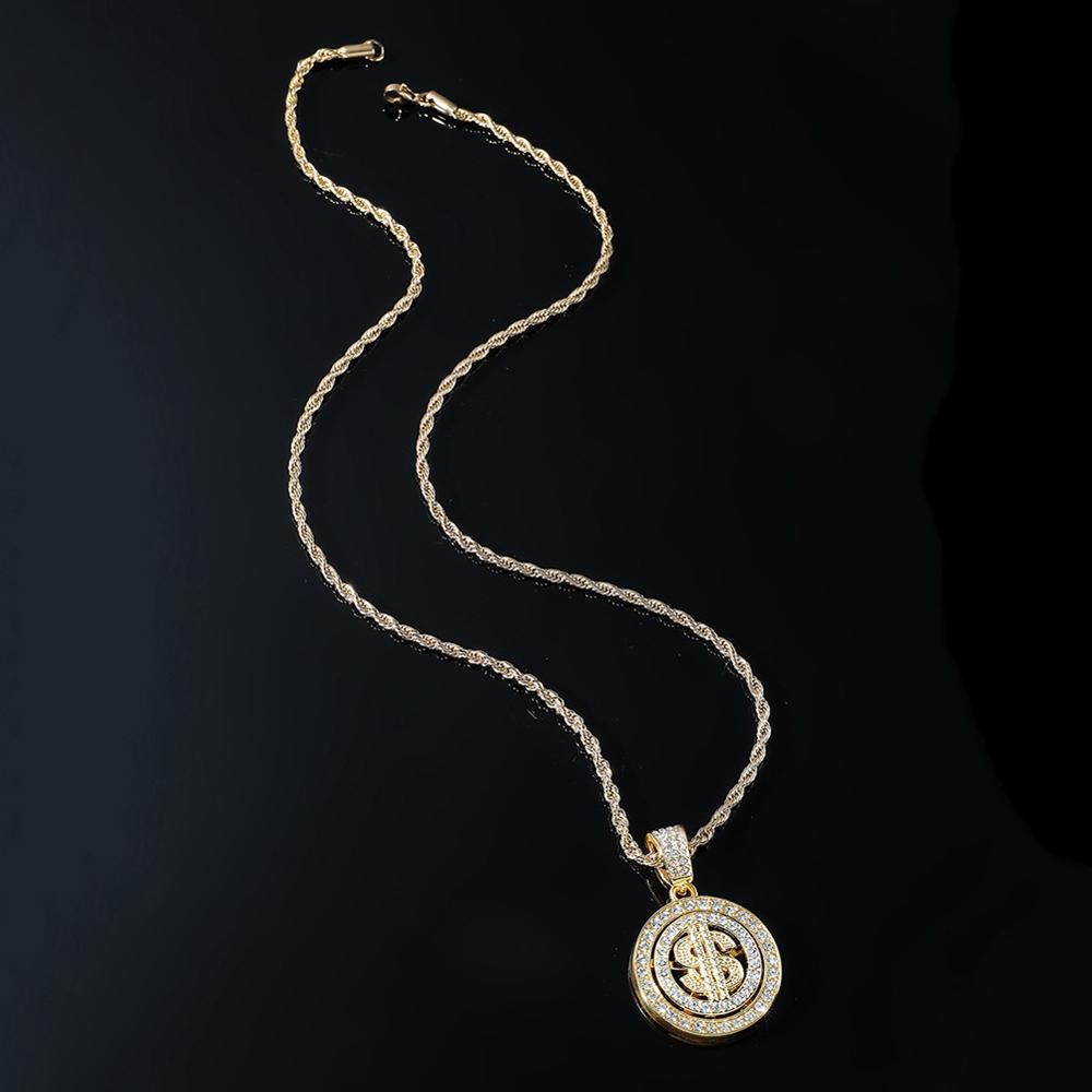 Hip Hop New Bling Rhinestone Dollar Pendants Necklace Rotatable US Dollar Money Sign Necklaces Men Hiphop Rap Rock Jewelry Gift