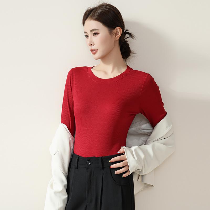 Women's Round Neck Ribbed Ice Silk Base Layer T-Shirt for Autumn/Winter - Slim Fit, Solid Color, Ideal for Yoga & Dance