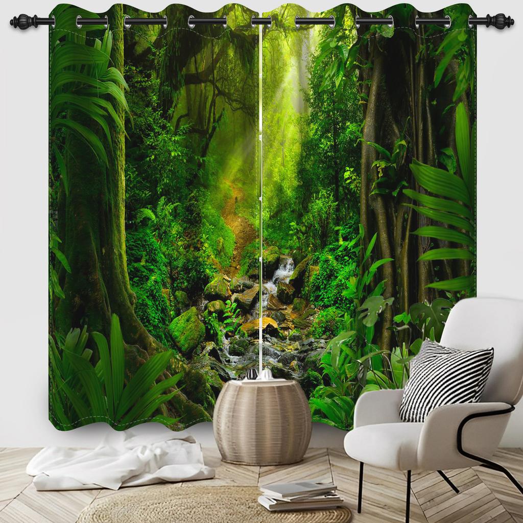 2pcs/set Blackout Curtains Sunny Forest Natural Green Space Landscape Polyester Window Bedroom Kitchen Home Interior Curtains