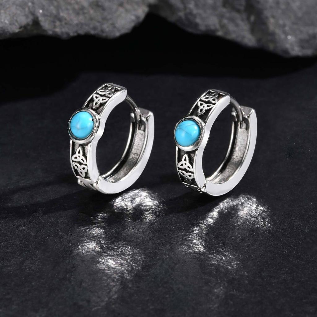 Celtic knot Turquoise Earrings for Men Boys,Stainless Steel Natural Stone Huggies Hoop Earrings,Viking Vintage Zircon Gifts
