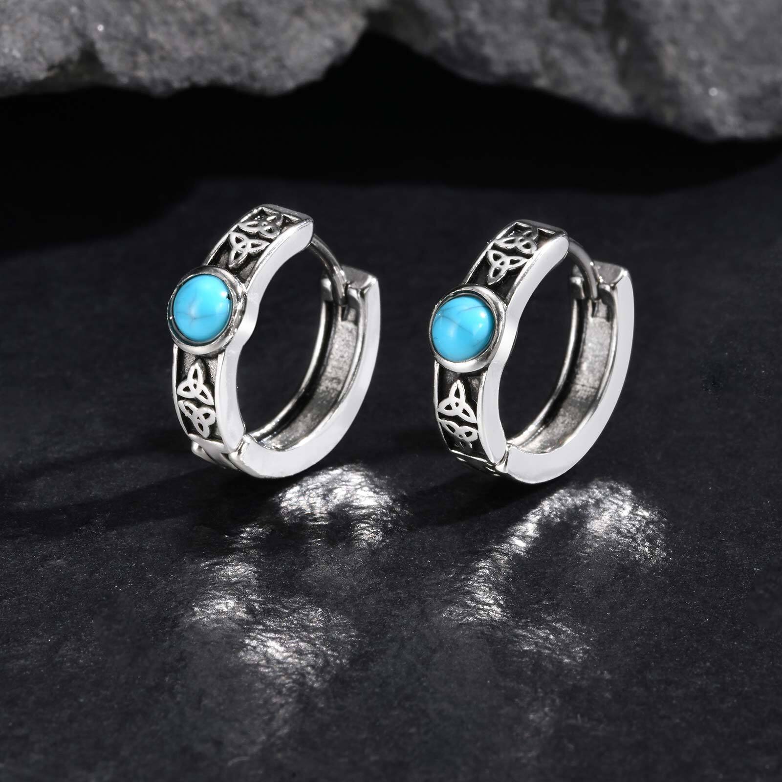 Vintage Celtic Knot Hoop Earrings for Men Boys,Stainless Steel Turquoise Huggies Hoop Earrings,Viking Jewelry Gifts