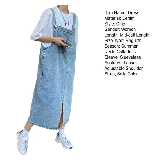 Vestido vaquero con tirantes, holgado, sin cuello, sin espalda, sin mangas, bolsillos laterales, dobladillo dividido, color liso, tirantes ajustables para el hombro, vestido midi para estudiantes
