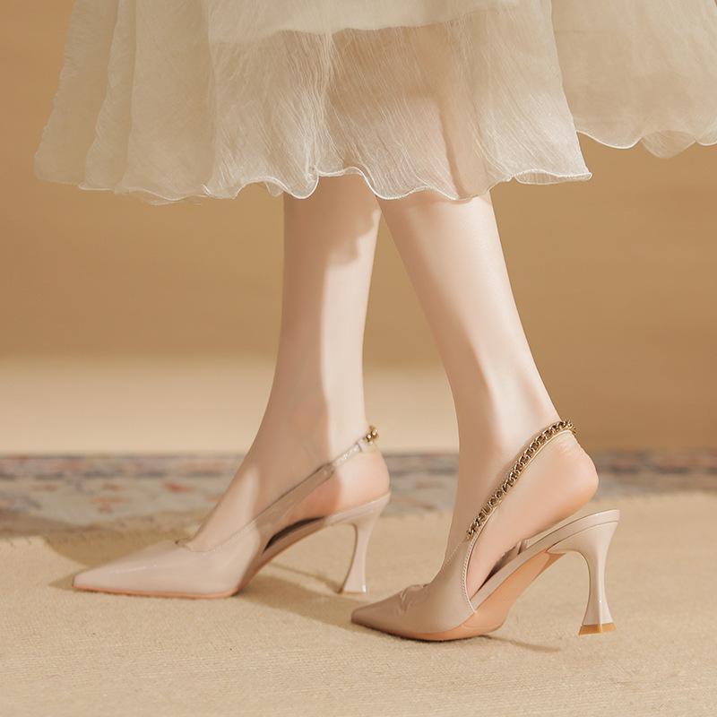 73213 [sheepskin] high heels women's thin heels 2025 new pointed empty sandals temperament commuter shoes