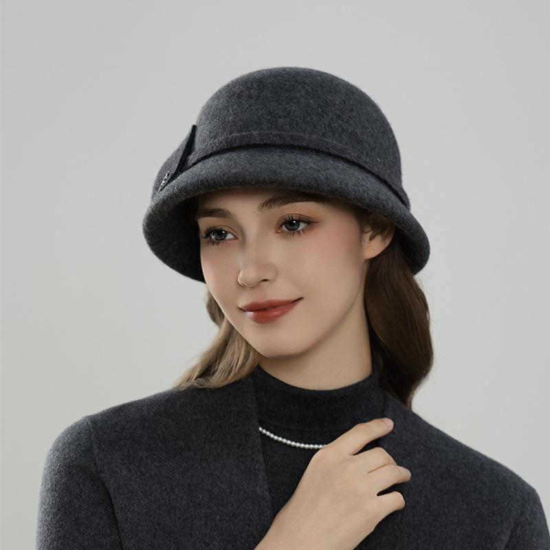 Hat lady autumn and winter wool bucket hat elegant bow decorative felt hat warm new basin hat