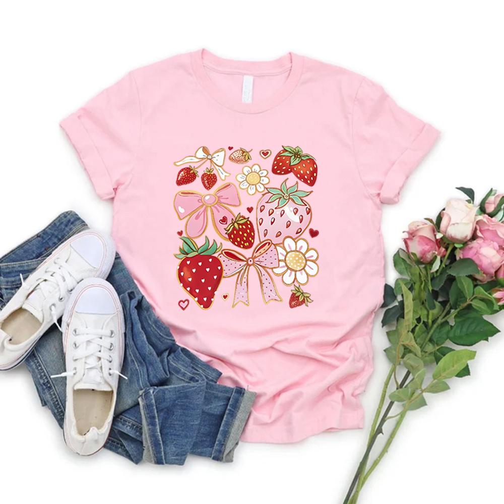 Strawberry Floral Shirt Cute Bow Graphic Tee Cottagecore Aesthetic Clothes Women's Graphic T Shirts Summer Fruit Crewneck Top